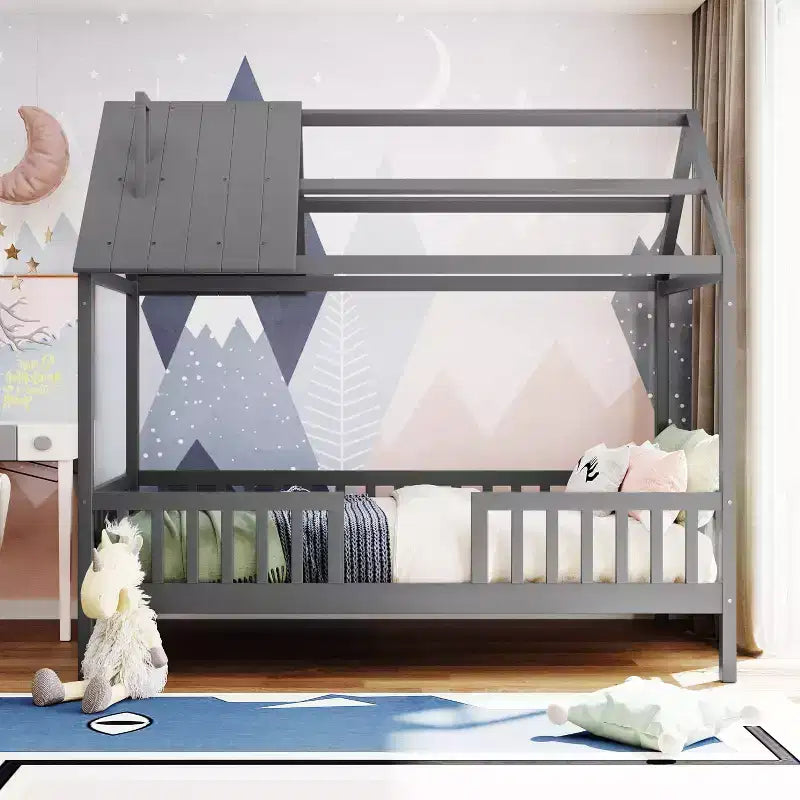 Cadre de lit en bois massif Okak taille jumelle avec preuve et clôture, lit plateforme mignon pour chambre d'enfant, chambre à coucher
