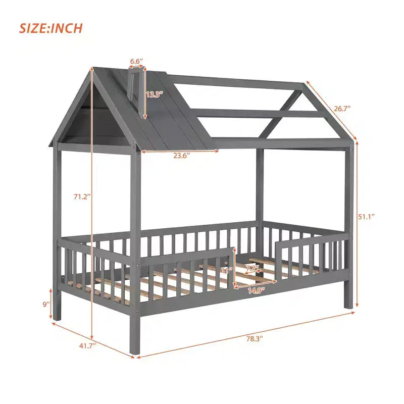 Cadre de lit en bois massif Okak taille jumelle avec preuve et clôture, lit plateforme mignon pour chambre d'enfant, chambre à coucher