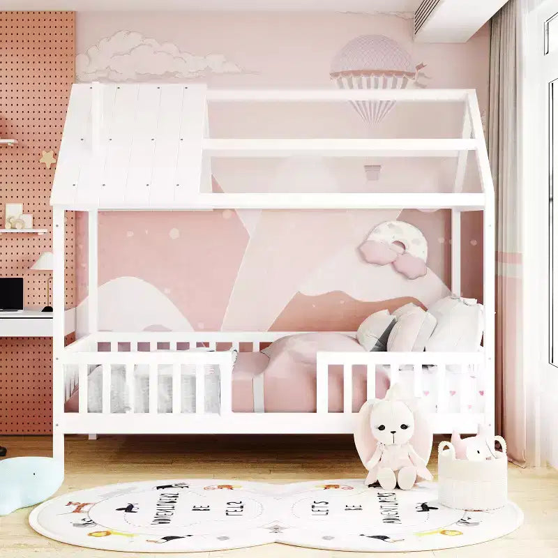 Cadre de lit en bois massif Okak taille jumelle avec preuve et clôture, lit plateforme mignon pour chambre d'enfant, chambre à coucher