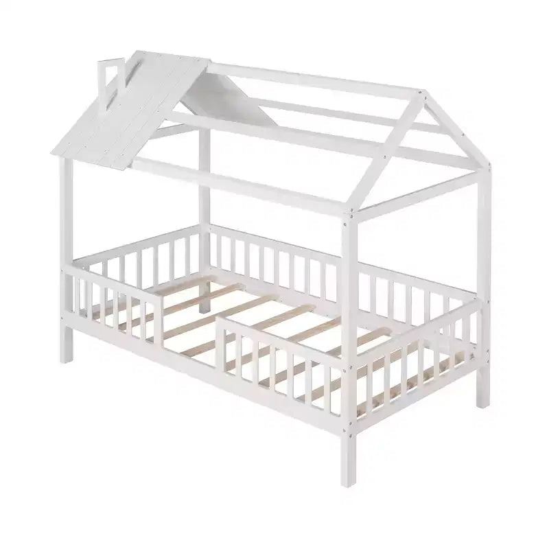 Cadre de lit en bois massif Okak taille jumelle avec preuve et clôture, lit plateforme mignon pour chambre d'enfant, chambre à coucher