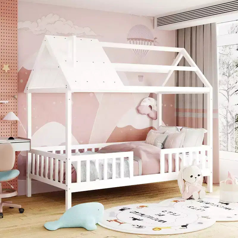 Cadre de lit en bois massif Okak taille jumelle avec preuve et clôture, lit plateforme mignon pour chambre d'enfant, chambre à coucher