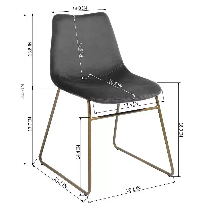 Chaises de salle à manger Homy Casa en velours avec pieds en métal doré, chaises d'appoint modernes pour salle à manger et salon, lot de 2, grises