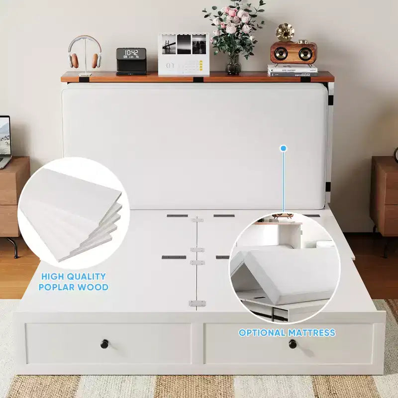 Lit escamotable Mjkone double/grand format avec rangement, SANS MATELAS