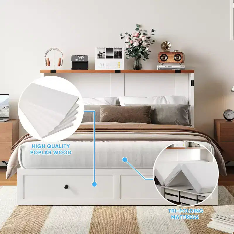 Lit escamotable Mjkone double/grand format avec rangement, SANS MATELAS