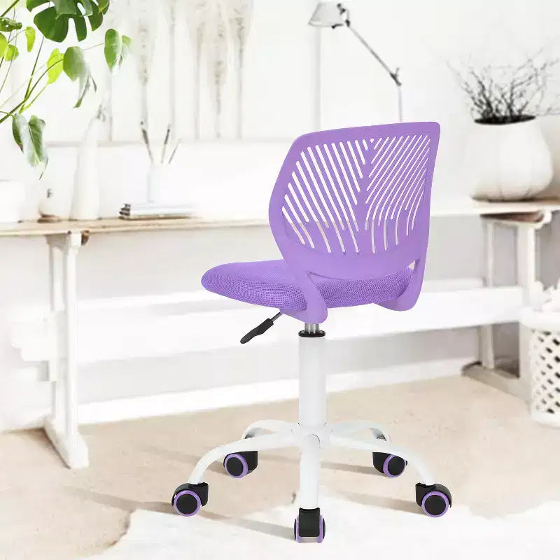 Chaise de bureau FurnitureR, petites chaises d'étude sans accoudoirs pour adolescents, chaise de travail pivotante et légère à dossier mi-haut avec roulettes et coussin rembourré en maille, violet