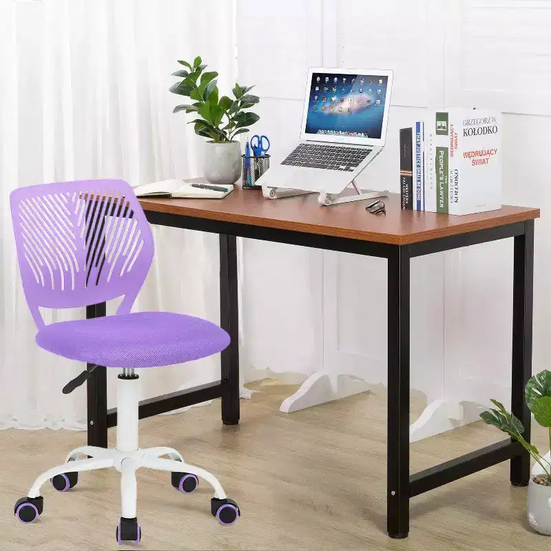 Chaise de bureau FurnitureR, petites chaises d'étude sans accoudoirs pour adolescents, chaise de travail pivotante et légère à dossier mi-haut avec roulettes et coussin rembourré en maille, violet