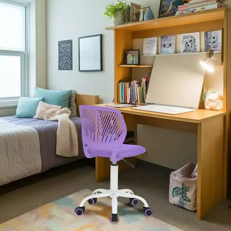 Chaise de bureau FurnitureR, petites chaises d'étude sans accoudoirs pour adolescents, chaise de travail pivotante et légère à dossier mi-haut avec roulettes et coussin rembourré en maille, violet