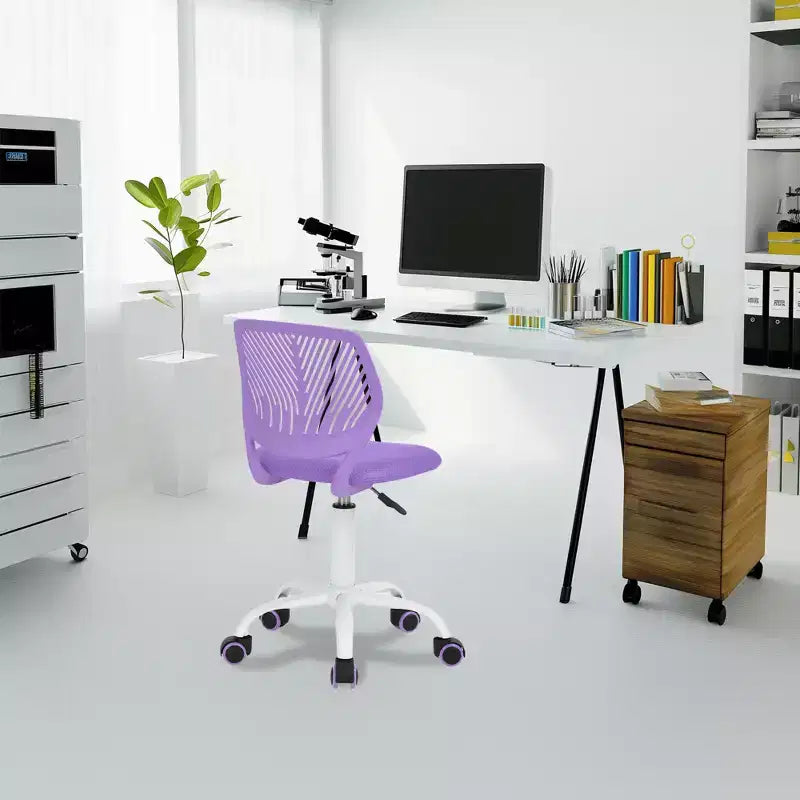 Chaise de bureau FurnitureR, petites chaises d'étude sans accoudoirs pour adolescents, chaise de travail pivotante et légère à dossier mi-haut avec roulettes et coussin rembourré en maille, violet