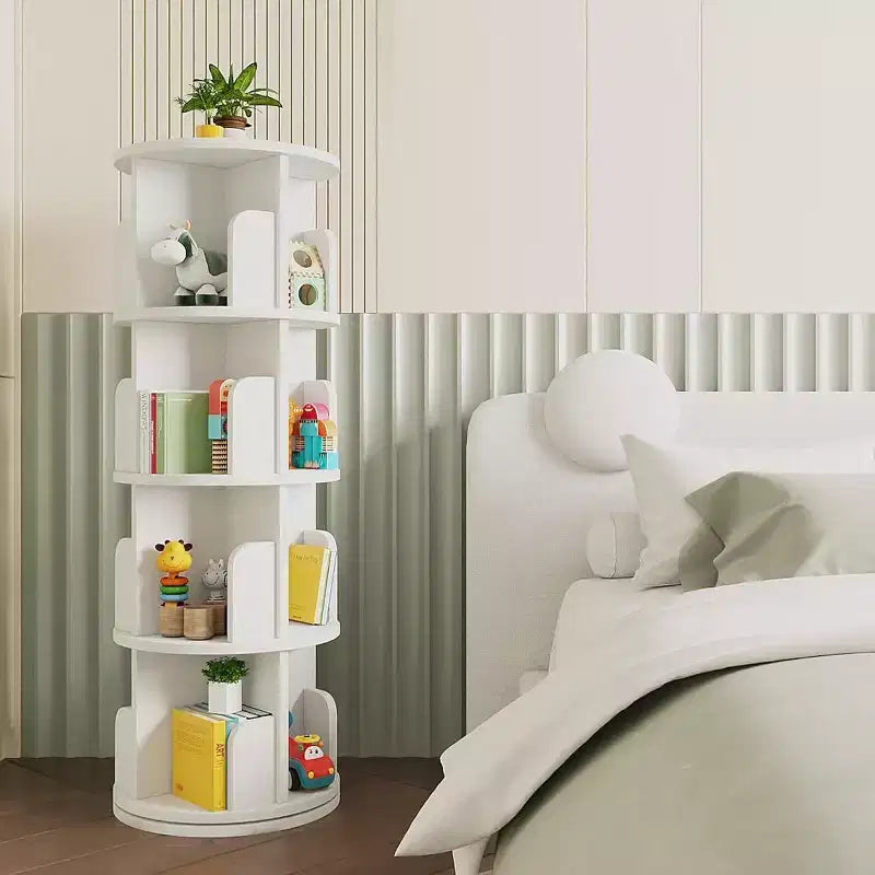 FurnitureR Bibliothèque rotative à 360°, étagère d'angle rotative à 4 niveaux, organisateur de rangement pour petit espace, étagère de rangement pour bureau, salon, blanc