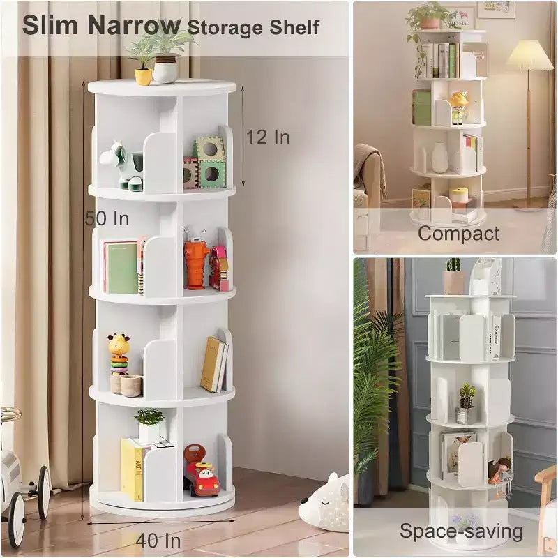 FurnitureR Bibliothèque rotative à 360°, étagère d'angle rotative à 4 niveaux, organisateur de rangement pour petit espace, étagère de rangement pour bureau, salon, blanc