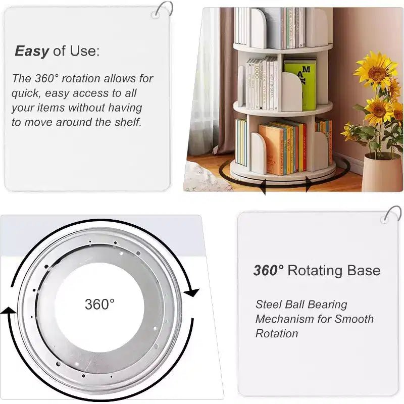 FurnitureR Bibliothèque rotative à 360°, étagère d'angle rotative à 4 niveaux, organisateur de rangement pour petit espace, étagère de rangement pour bureau, salon, blanc