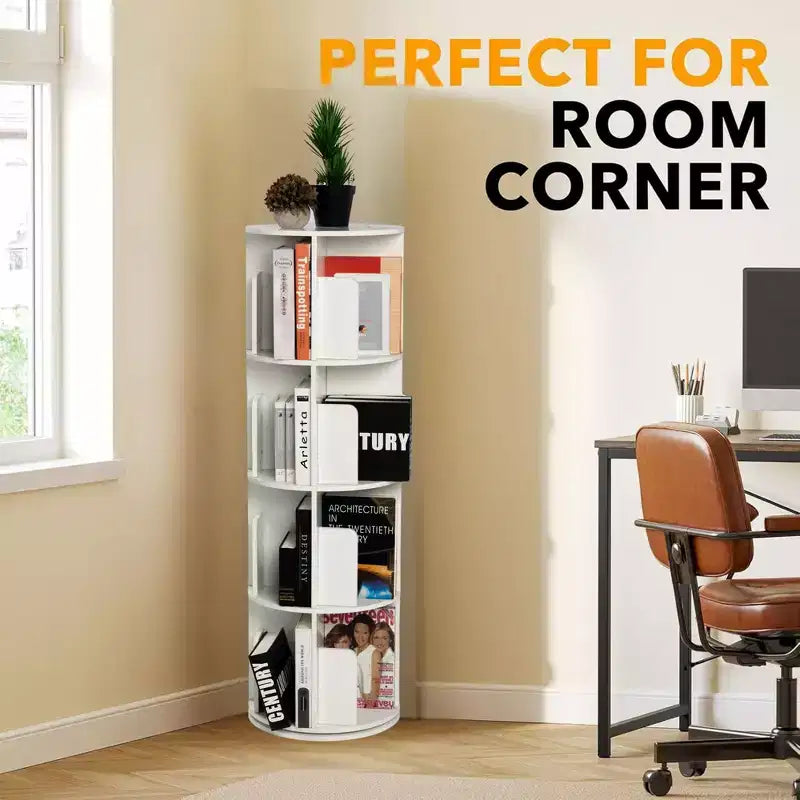 FurnitureR Bibliothèque rotative à 360°, étagère d'angle rotative à 4 niveaux, organisateur de rangement pour petit espace, étagère de rangement pour bureau, salon, blanc