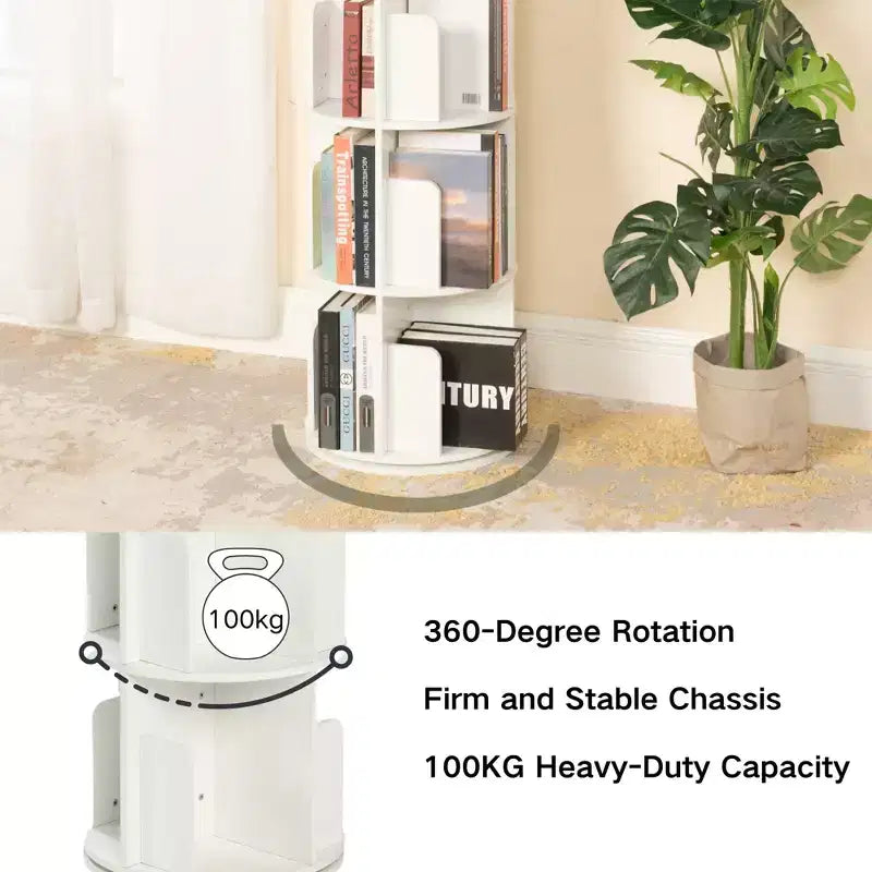 FurnitureR Bibliothèque rotative à 360°, étagère d'angle rotative à 4 niveaux, organisateur de rangement pour petit espace, étagère de rangement pour bureau, salon, blanc