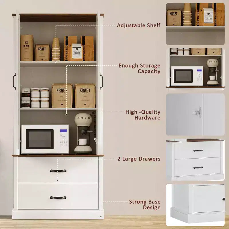 Meuble de cuisine avec 2 tiroirs, armoire de rangement haute de style rustique, garde-manger en bois avec portes de grange et étagères réglables Rangement polyvalent