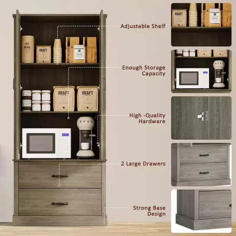 Meuble de cuisine avec 2 tiroirs, armoire de rangement haute de style rustique, garde-manger en bois avec portes de grange et étagères réglables Rangement polyvalent