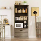 Meuble de cuisine avec 2 tiroirs, armoire de rangement haute de style rustique, garde-manger en bois avec portes de grange et étagères réglables Rangement polyvalent