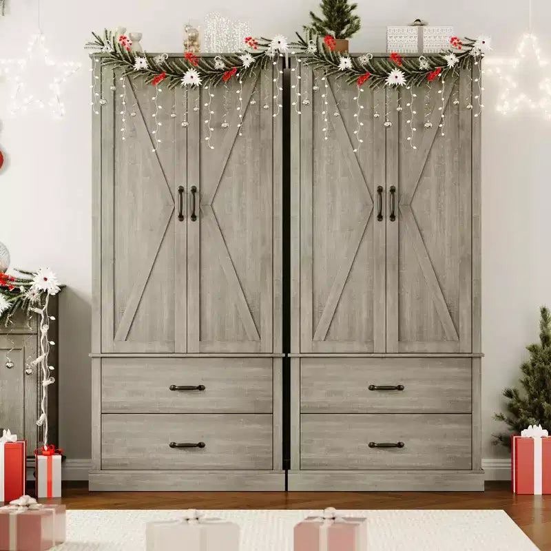 Meuble de cuisine avec 2 tiroirs, armoire de rangement haute de style rustique, garde-manger en bois avec portes de grange et étagères réglables Rangement polyvalent
