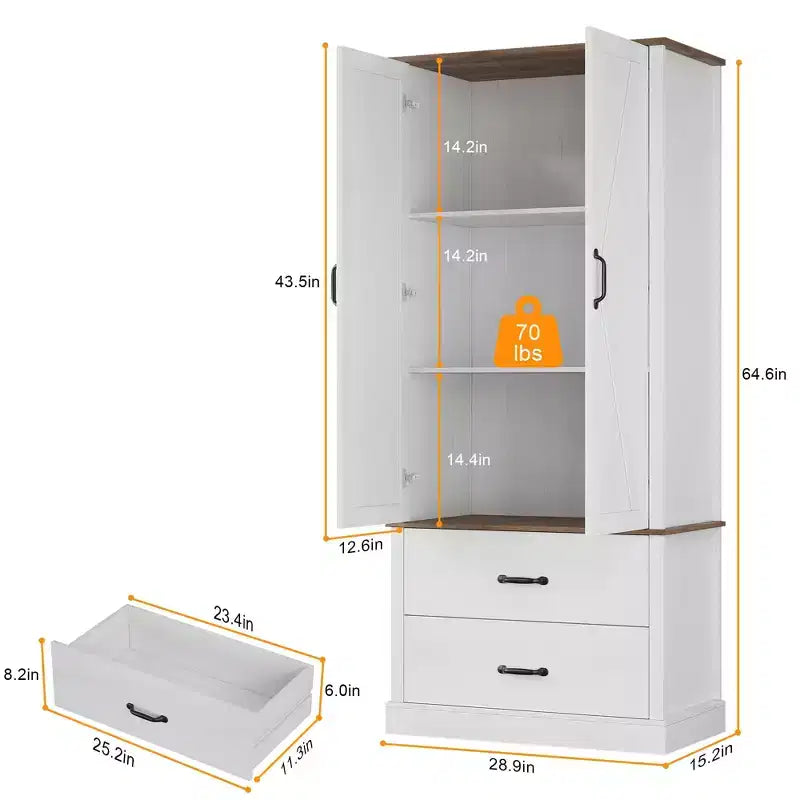 Meuble de cuisine avec 2 tiroirs, armoire de rangement haute de style rustique, garde-manger en bois avec portes de grange et étagères réglables Rangement polyvalent