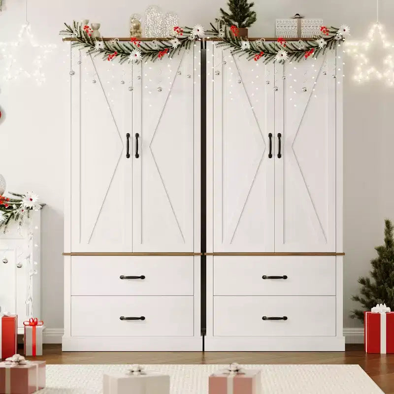Meuble de cuisine avec 2 tiroirs, armoire de rangement haute de style rustique, garde-manger en bois avec portes de grange et étagères réglables Rangement polyvalent