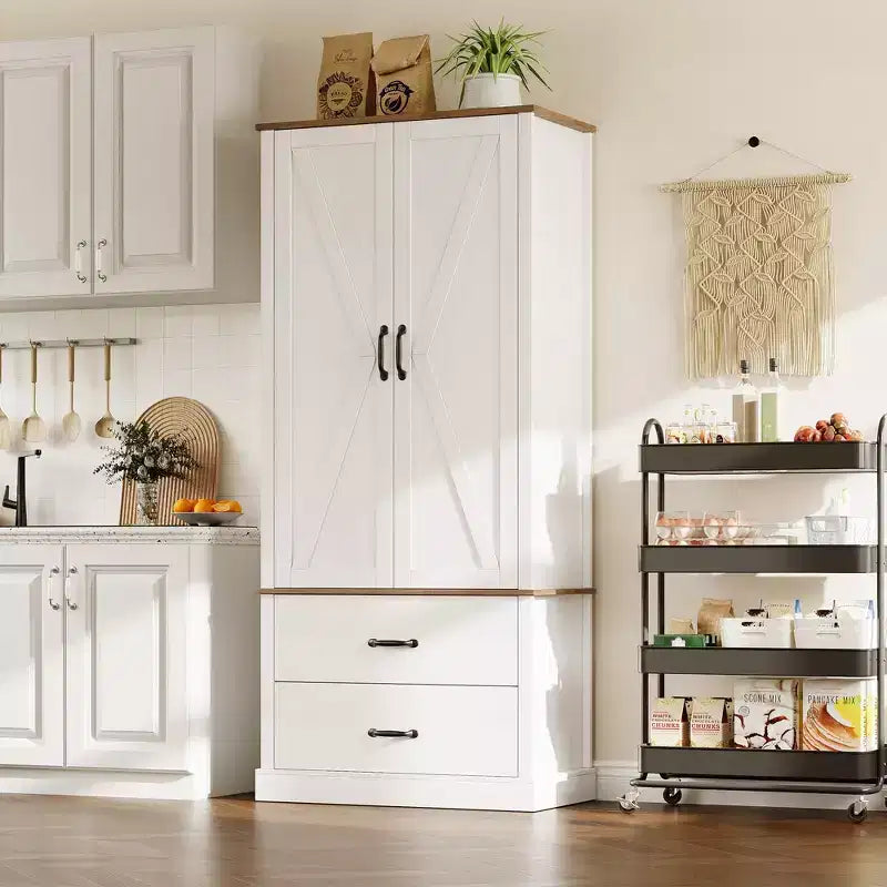 Meuble de cuisine avec 2 tiroirs, armoire de rangement haute de style rustique, garde-manger en bois avec portes de grange et étagères réglables Rangement polyvalent