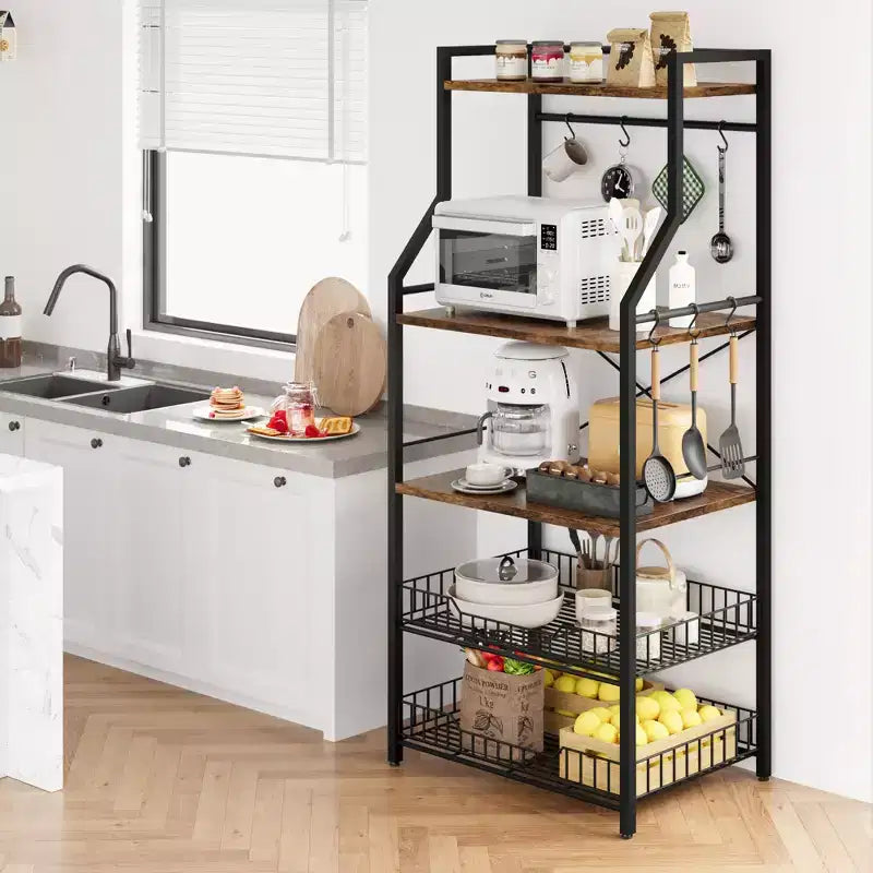 Étagère de Boulanger de Cuisine COZONY à 5 Niveaux avec Étagères de Rangement et Crochets, Support à Micro-ondes et Station de Café à Cadre Métallique