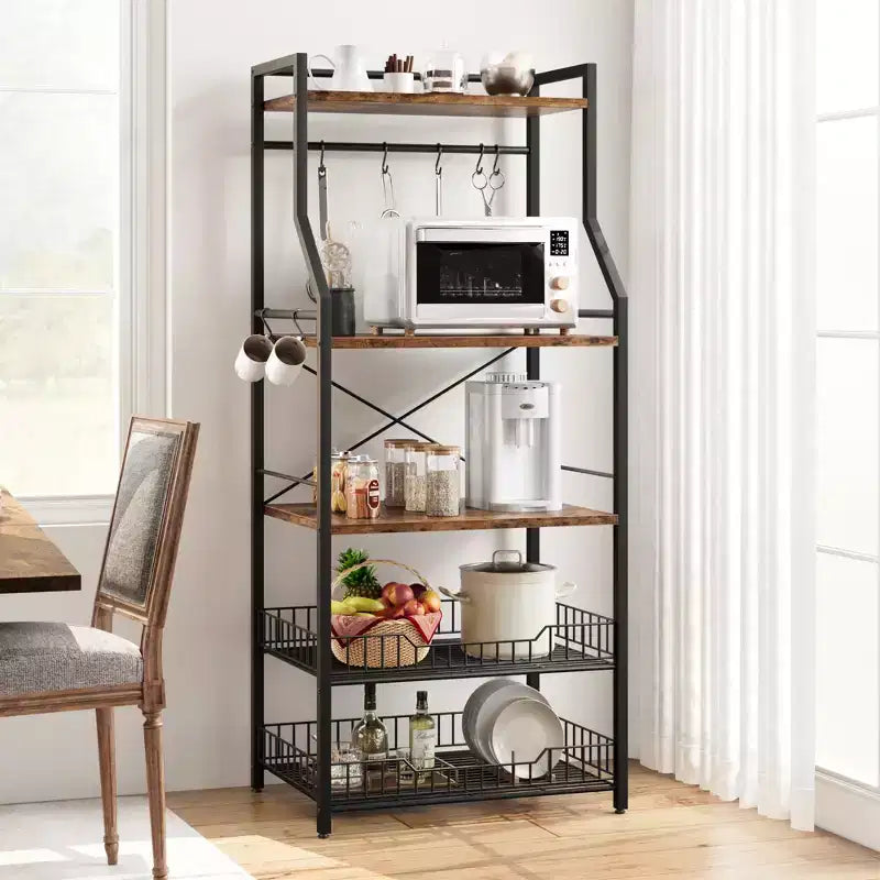 Étagère de Boulanger de Cuisine COZONY à 5 Niveaux avec Étagères de Rangement et Crochets, Support à Micro-ondes et Station de Café à Cadre Métallique