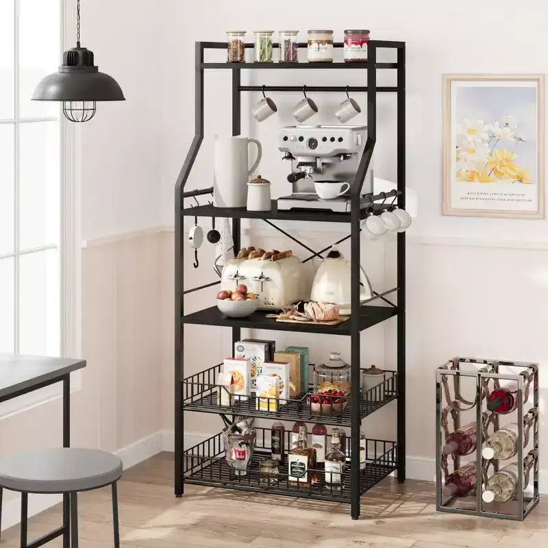 Étagère de Boulanger de Cuisine COZONY à 5 Niveaux avec Étagères de Rangement et Crochets, Support à Micro-ondes et Station de Café à Cadre Métallique