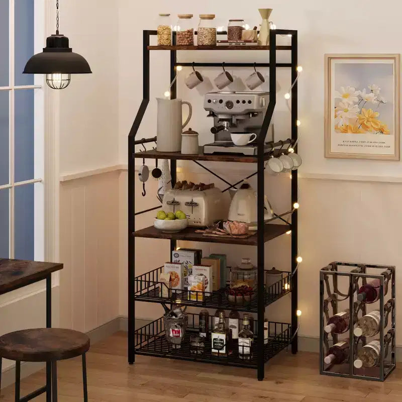 Étagère de Boulanger de Cuisine COZONY à 5 Niveaux avec Étagères de Rangement et Crochets, Support à Micro-ondes et Station de Café à Cadre Métallique
