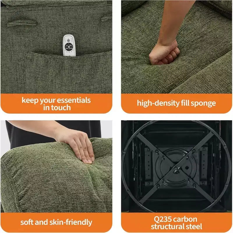 Fauteuil massant à bascule et inclinable pivotant à 360° avec fonction chauffante, fauteuil planeur en lin pour adultes, pochette latérale et 2 porte-gobelets – Confort pour le salon et la chambre à coucher