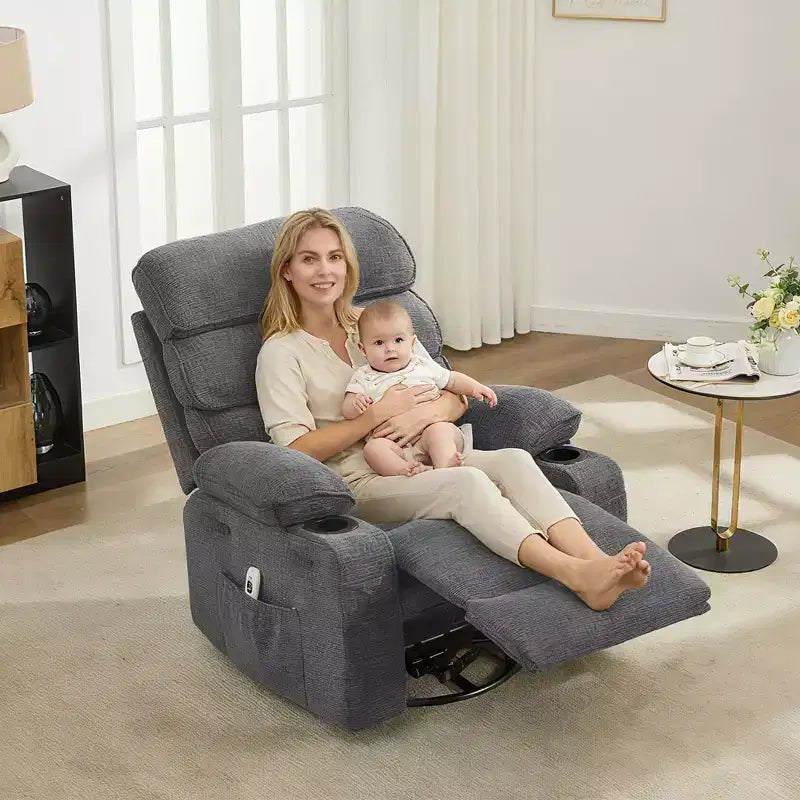 Fauteuil massant à bascule et inclinable pivotant à 360° avec fonction chauffante, fauteuil planeur en lin pour adultes, pochette latérale et 2 porte-gobelets – Confort pour le salon et la chambre à coucher