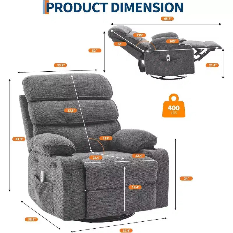 Fauteuil massant à bascule et inclinable pivotant à 360° avec fonction chauffante, fauteuil planeur en lin pour adultes, pochette latérale et 2 porte-gobelets – Confort pour le salon et la chambre à coucher