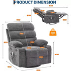 Fauteuil massant à bascule et inclinable pivotant à 360° avec fonction chauffante, fauteuil planeur en lin pour adultes, pochette latérale et 2 porte-gobelets – Confort pour le salon et la chambre à coucher