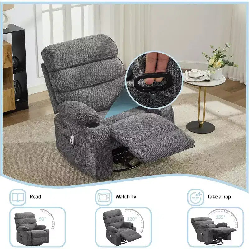 Fauteuil massant à bascule et inclinable pivotant à 360° avec fonction chauffante, fauteuil planeur en lin pour adultes, pochette latérale et 2 porte-gobelets – Confort pour le salon et la chambre à coucher
