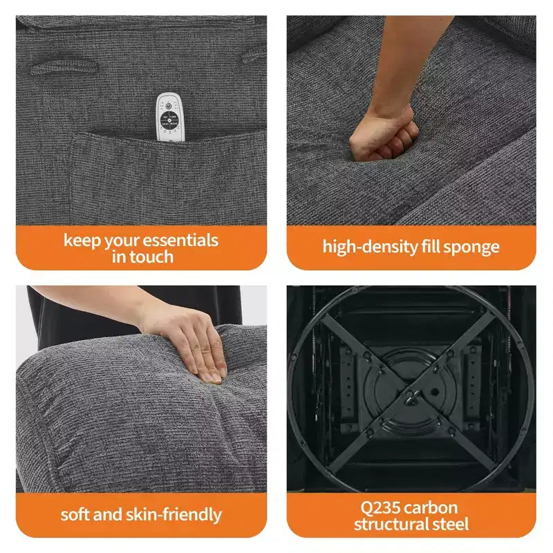Fauteuil massant à bascule et inclinable pivotant à 360° avec fonction chauffante, fauteuil planeur en lin pour adultes, pochette latérale et 2 porte-gobelets – Confort pour le salon et la chambre à coucher