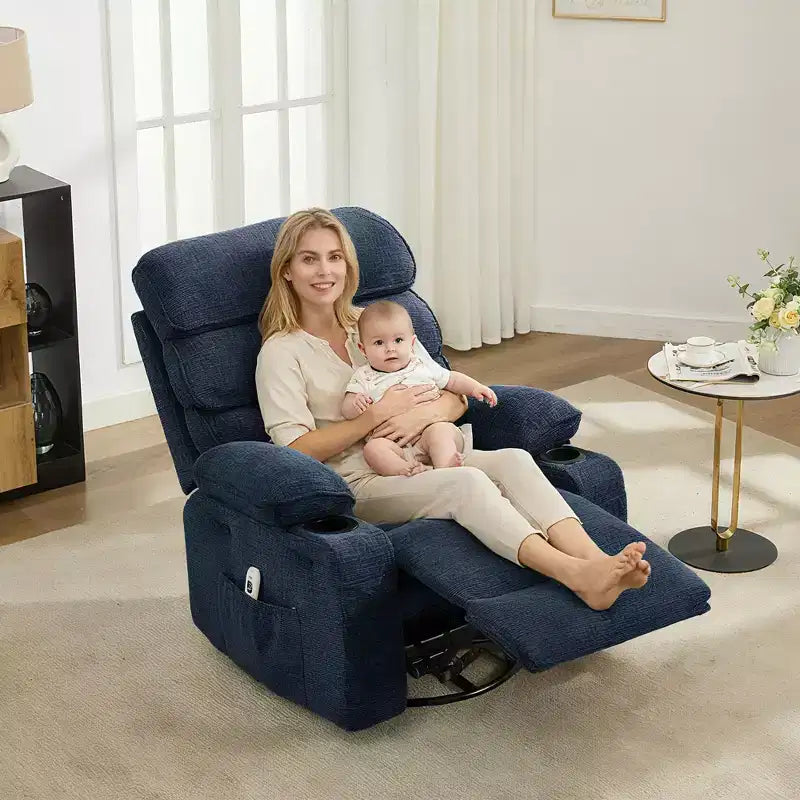 Fauteuil massant à bascule et inclinable pivotant à 360° avec fonction chauffante, fauteuil planeur en lin pour adultes, pochette latérale et 2 porte-gobelets – Confort pour le salon et la chambre à coucher