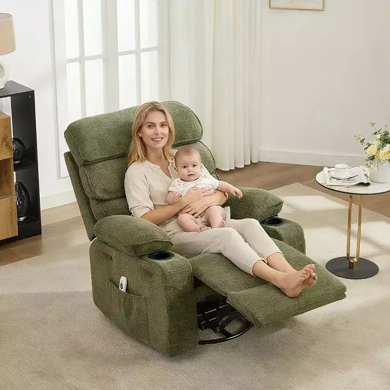 Fauteuil massant à bascule et inclinable pivotant à 360° avec fonction chauffante, fauteuil planeur en lin pour adultes, pochette latérale et 2 porte-gobelets – Confort pour le salon et la chambre à coucher