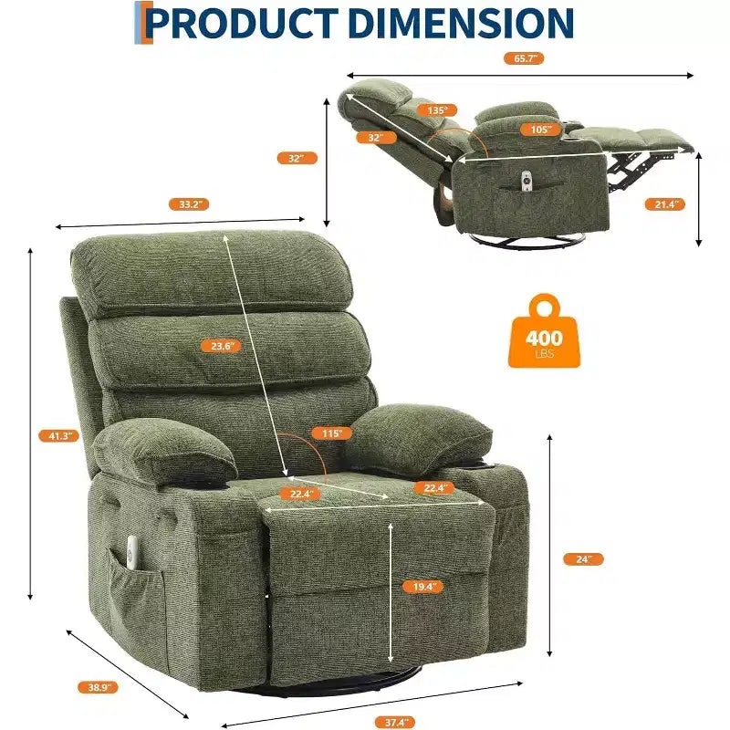 Fauteuil massant à bascule et inclinable pivotant à 360° avec fonction chauffante, fauteuil planeur en lin pour adultes, pochette latérale et 2 porte-gobelets – Confort pour le salon et la chambre à coucher