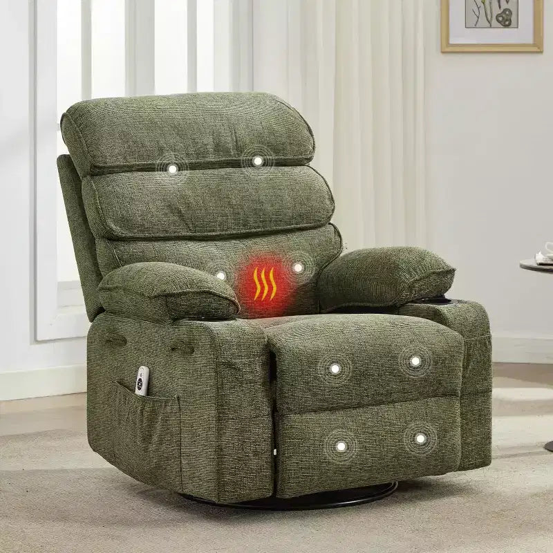 Fauteuil massant à bascule et inclinable pivotant à 360° avec fonction chauffante, fauteuil planeur en lin pour adultes, pochette latérale et 2 porte-gobelets – Confort pour le salon et la chambre à coucher
