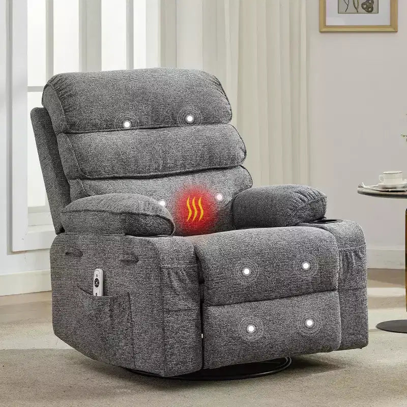 Fauteuil massant à bascule et inclinable pivotant à 360° avec fonction chauffante, fauteuil planeur en lin pour adultes, pochette latérale et 2 porte-gobelets – Confort pour le salon et la chambre à coucher