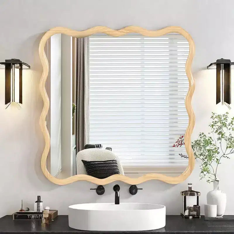 Miroir de salle de bain carré moderne Okak 36 pouces avec cadre ondulé en bois massif, miroir mural à haute réflexion, miroir de courtoisie pour salle de bain, salon