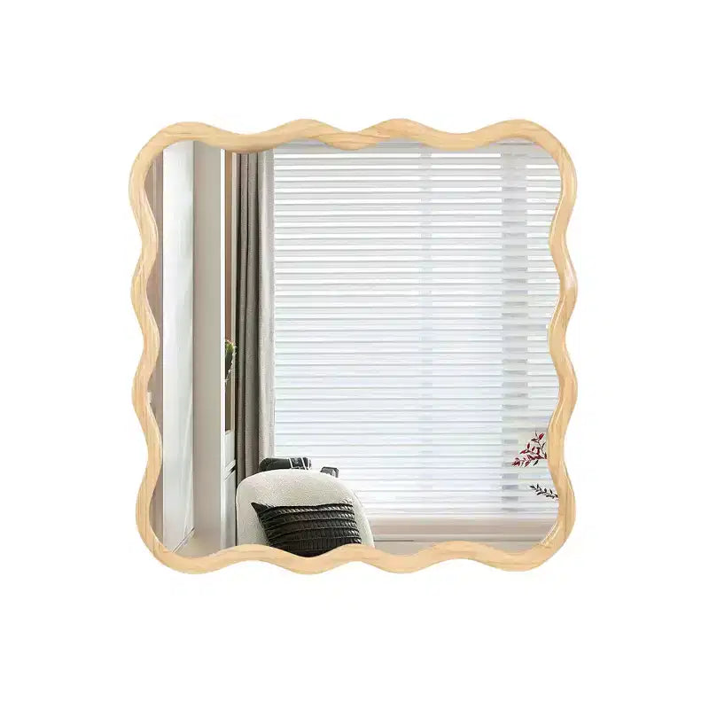 Miroir de salle de bain carré moderne Okak 36 pouces avec cadre ondulé en bois massif, miroir mural à haute réflexion, miroir de courtoisie pour salle de bain, salon