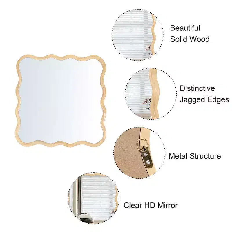 Miroir de salle de bain carré moderne Okak 36 pouces avec cadre ondulé en bois massif, miroir mural à haute réflexion, miroir de courtoisie pour salle de bain, salon