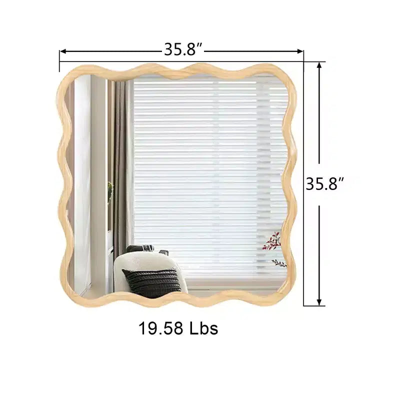 Miroir de salle de bain carré moderne Okak 36 pouces avec cadre ondulé en bois massif, miroir mural à haute réflexion, miroir de courtoisie pour salle de bain, salon
