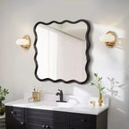 Miroir de salle de bain carré moderne Okak 36 pouces avec cadre ondulé en bois massif, miroir mural à haute réflexion, miroir de courtoisie pour salle de bain, salon