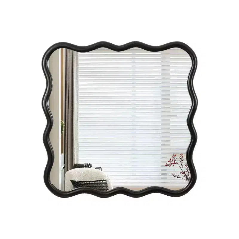Miroir de salle de bain carré moderne Okak 36 pouces avec cadre ondulé en bois massif, miroir mural à haute réflexion, miroir de courtoisie pour salle de bain, salon