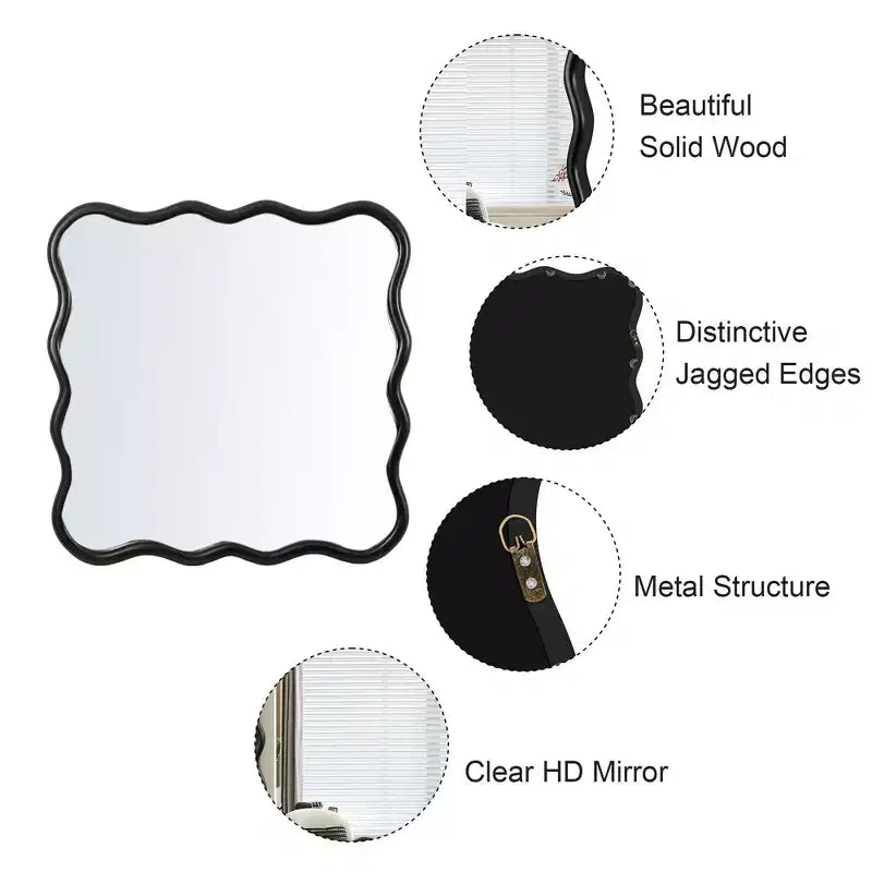 Miroir de salle de bain carré moderne Okak 36 pouces avec cadre ondulé en bois massif, miroir mural à haute réflexion, miroir de courtoisie pour salle de bain, salon