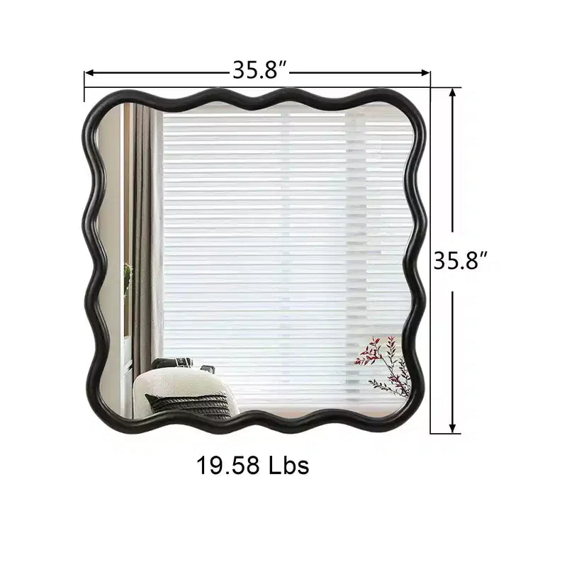 Miroir de salle de bain carré moderne Okak 36 pouces avec cadre ondulé en bois massif, miroir mural à haute réflexion, miroir de courtoisie pour salle de bain, salon