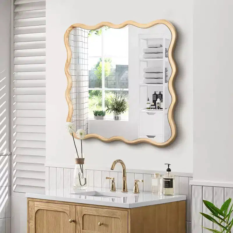 Miroir de salle de bain carré moderne Okak 36 pouces avec cadre ondulé en bois massif, miroir mural à haute réflexion, miroir de courtoisie pour salle de bain, salon