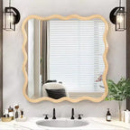Miroir de salle de bain carré moderne Okak 36 pouces avec cadre ondulé en bois massif, miroir mural à haute réflexion, miroir de courtoisie pour salle de bain, salon