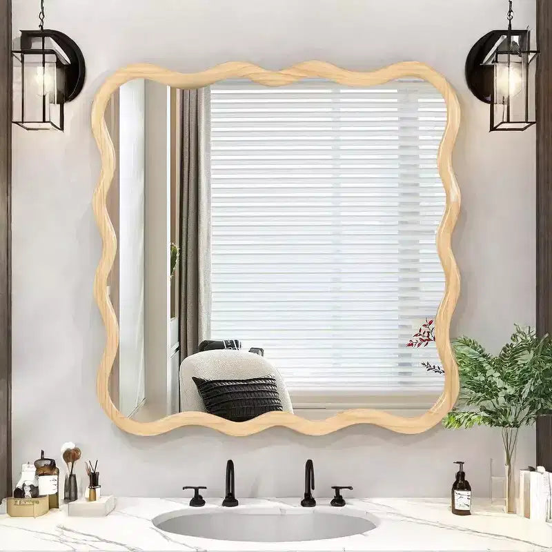 Miroir de salle de bain carré moderne Okak 36 pouces avec cadre ondulé en bois massif, miroir mural à haute réflexion, miroir de courtoisie pour salle de bain, salon